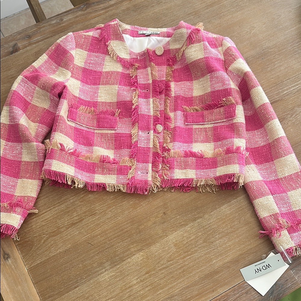 DNY Pink and Cream Blazer with Frayed Trim